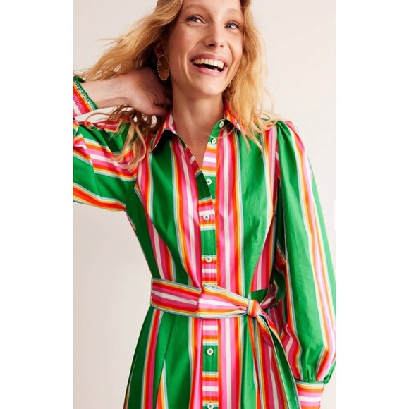 Boden Green Pink Multi Stripe Maxi Shirt Dress Ruffle Hem | Size 8P - Picture 5 of 14